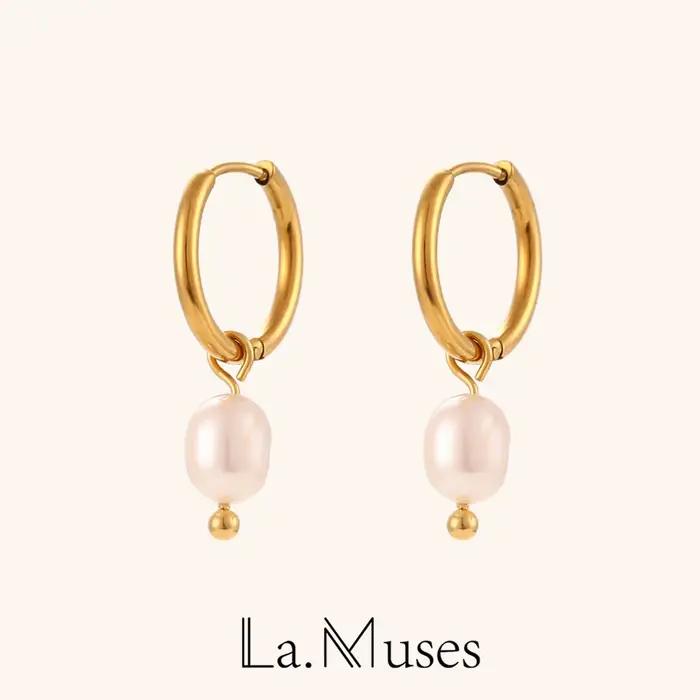 La. Muses – boucles d'oreilles créoles simples en acier inoxydable pour femmes, pendentif en perles d'eau douce, plaqué or 18 carats, bijoux à la mode, cadeau