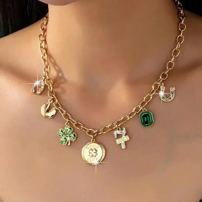 Collier de Trèfle à Quatre Feuilles en Alliage de Zinc avec Strass pour Hommes et Femmes Occasions Spéciales Polyvalent Chic Décontracté