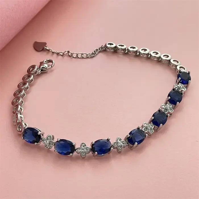 Bracelet en argent sterling 925 avec pierre précieuse bleu foncé