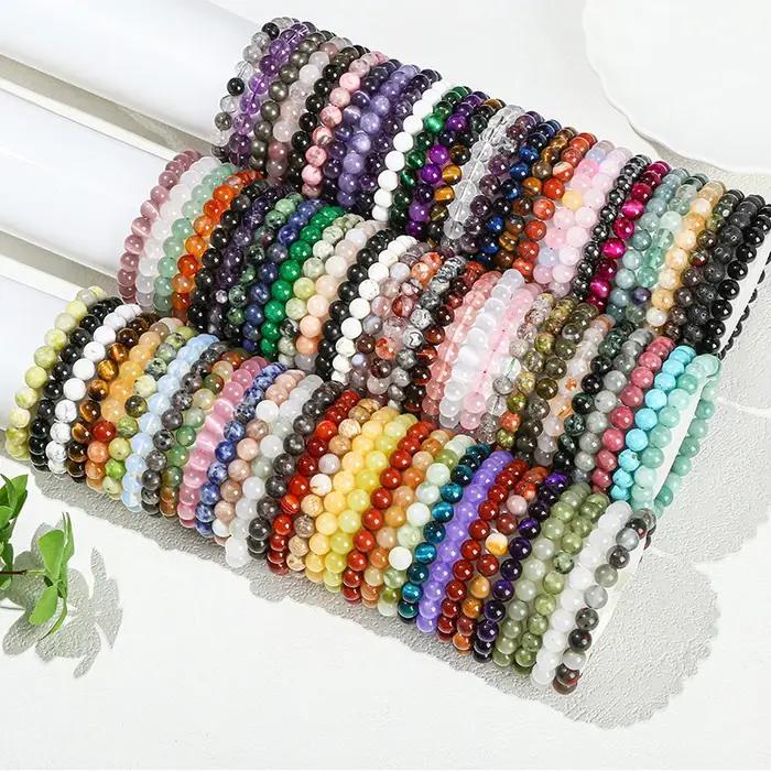 JD 6 8 10mm Bracelet de perles en pierre naturelle obsidienne Fluorite Quartz jaspe