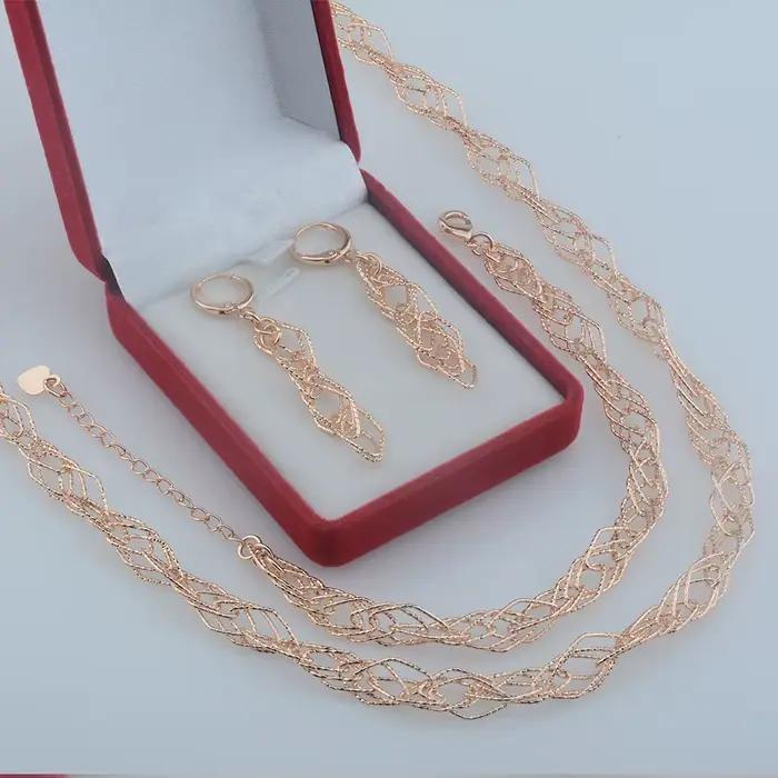 Ensemble de bijoux pour femme collier bracelet et boucles d'oreilles géométriques en cuivre couleur Or Rose style mariée élégant