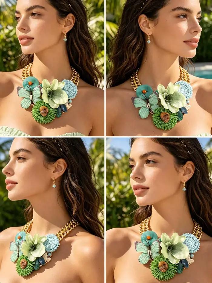 Collier ras du cou bohème floral papillon, chaîne dorée épaisse, motif jardin vert, fleur en tissu faite à la main, accessoire de bijouterie