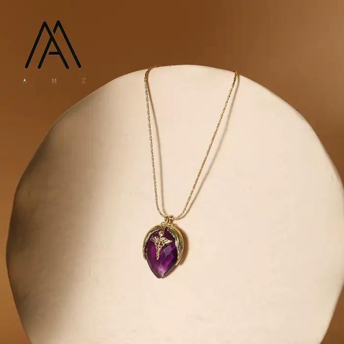 Collier en pierre précieuse verte naturelle avec pendentif en améthyste forme de goutte chaîne à maillons plaquée or bijoux quotidiens et pour occasions spéciales femmes