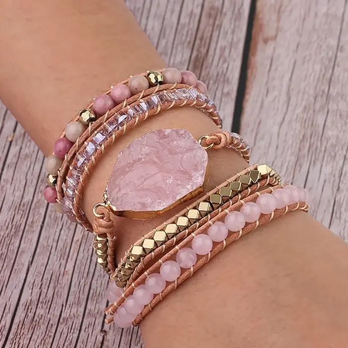 Bracelet Quartz Rose Pierre Naturelle Bohème Femme Voyage Vacances Plage Occasion Spéciale Cuir Elégant Présent Offert Fête