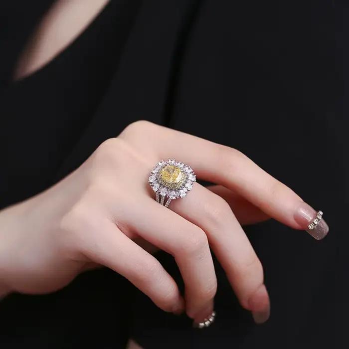 Bague en argent sterling 925 sertie de citrine et diamants à haute teneur en carbone pour femmes, alliance de mariage, bijou fin et élégant pour occasions spéciales