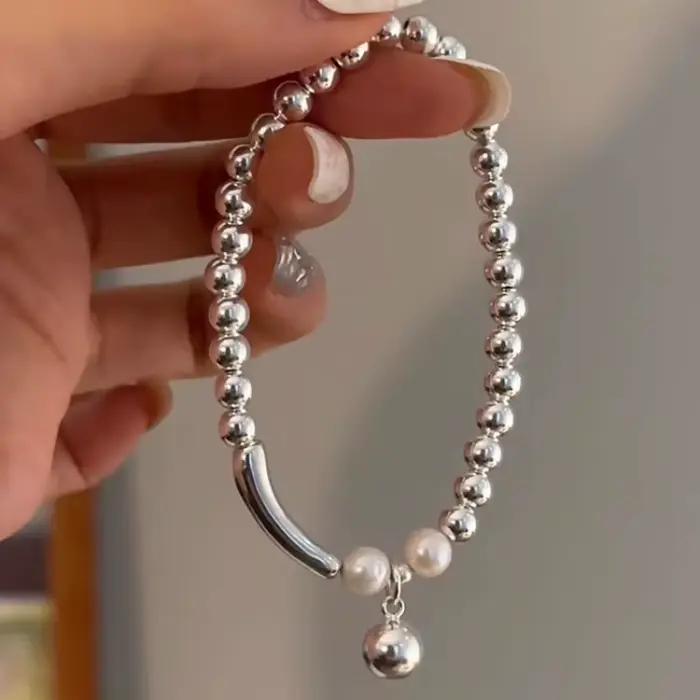 Bracelet en argent Sterling 925 avec perles rondes asymétriques punk pour femmes et filles bijoux mode ajustables pour soirées et événements spéciaux