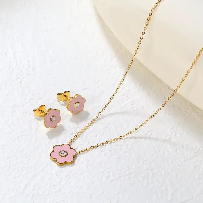 LUXUKISSKIDS – ensemble de bijoux pour filles, couleur rose/bleu, Six pétales de fleurs, collier goutte-huile, boucles d'oreilles, cadeaux d'anniversaire romantiques