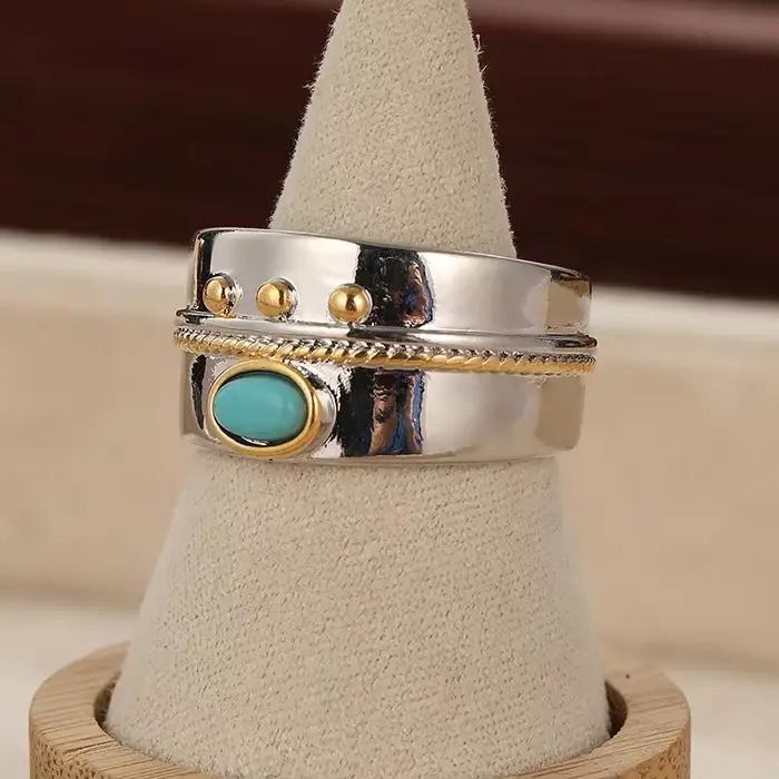 Bague polyvalente de style bohème incrustée de turquoise, bague ethnique vintage plaquée argent pour femme, bijoux de mode décontractés pour les fêtes