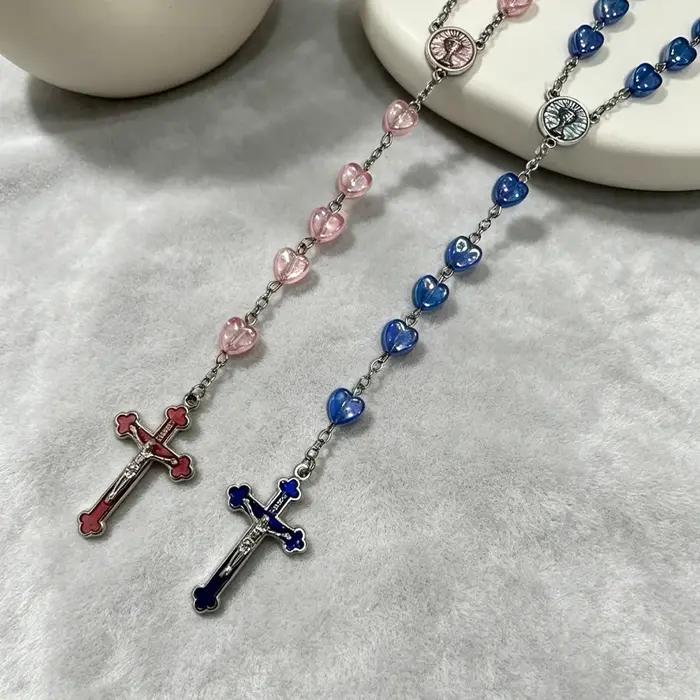 Collier de prière à la mode pour femmes perles cœur irisées pendentif émail croix bijou religieux chrétien occasions spéciales