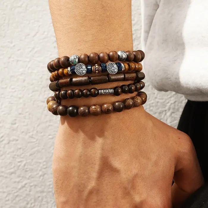 Bracelets multicouches en perles de bois pour hommes, style bohémien, rétro, arbre de vie, extensibles, Hip Hop, accessoires bijoux de fête