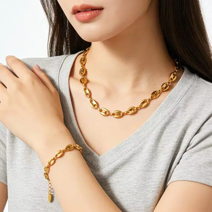 Ensemble collier et bracelet doré en forme de grains de café pour homme et femme occasions spéciales soirée cadeau romantique