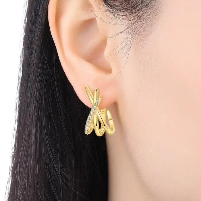 Boucles d'oreilles croisées géométriques en argent sterling S925 plaquées or 18 carats pour femmes, bijoux originaux et élégants pour toutes les occasions