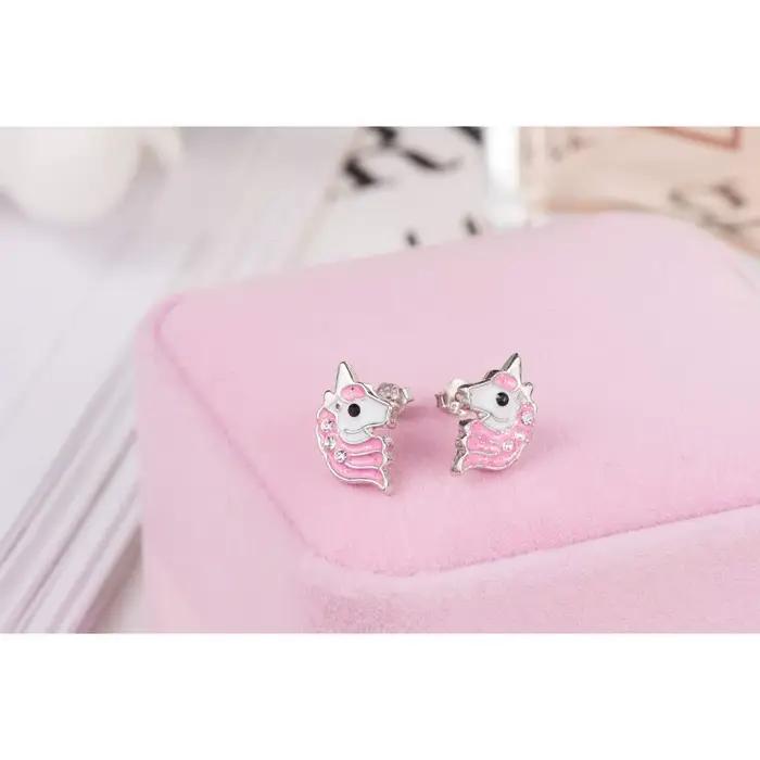 Boucles d'oreilles licorne hypoallergéniques en argent rose clair scintillant avec Zircon pour petites filles, bijoux pour enfants, fête d'anniversaire