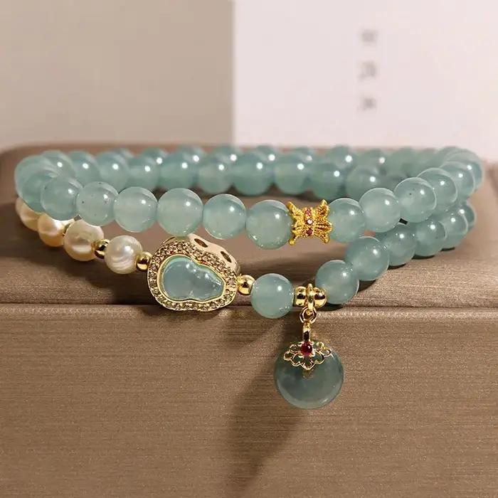 Bracelet double couche en perles de jade bleu clair