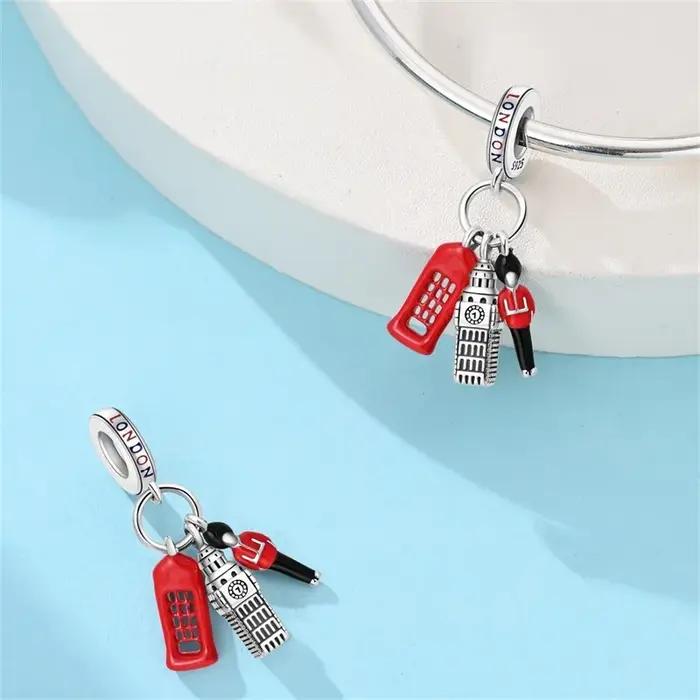 Breloque en argent sterling 925 sertie de zirconium blanc design Big Ben original pour bracelet femme occasions spéciales création DIY