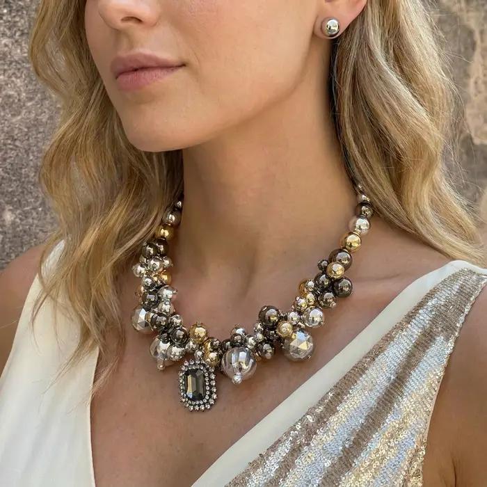 Ensemble de bijoux vintage de luxe pour femmes, plaqué or, perles CCB, strass brillants, pendentif géométrique, collier ras du cou, boucles d'oreilles, cadeau de mariage