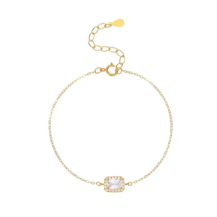 Bracelet en argent sterling 925 plaqué or 18 carats chaîne rectangulaire zircon cubique pour femme