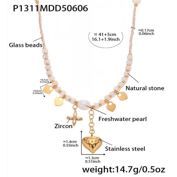Collier pendentif coeur d'amour pour femmes, en acier inoxydable plaqué or avec perle d'eau douce, b
