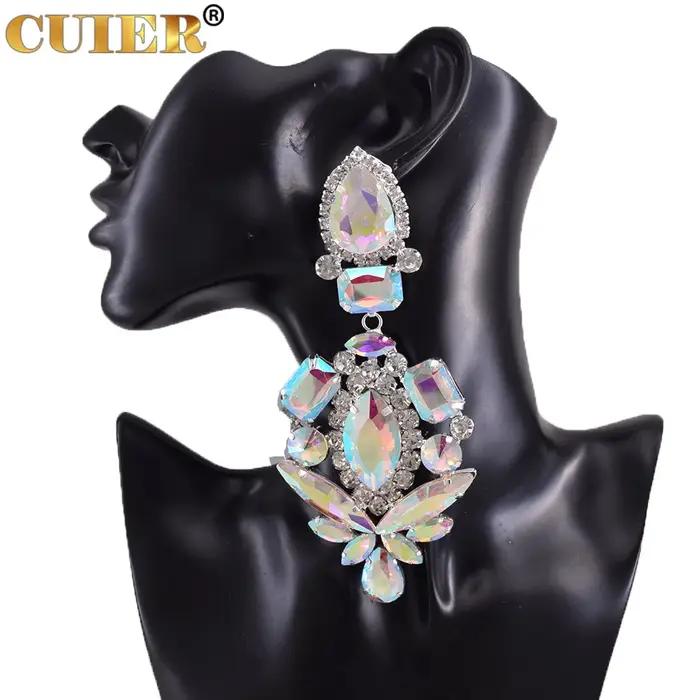Boucles d'oreilles longues en cristal de biscuits de verre à clipser pour femmes, bijoux de mariage,