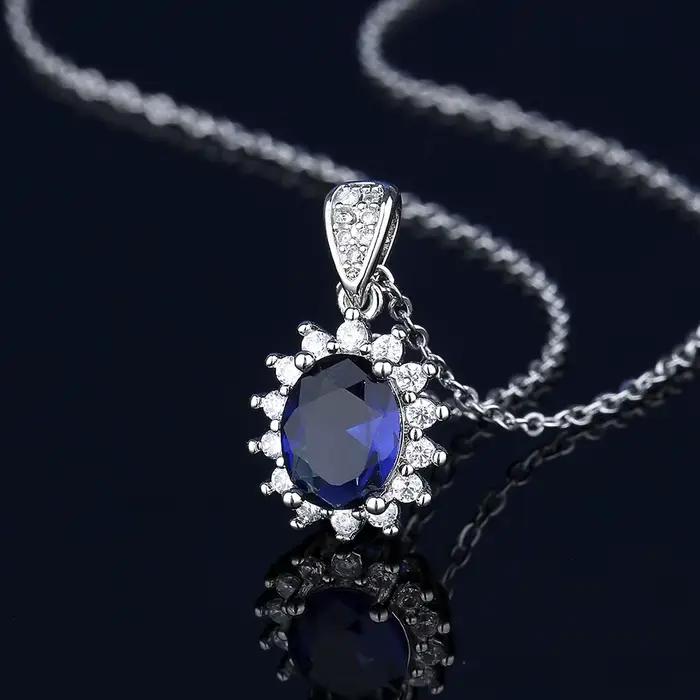 Ensemble de bijoux bleus de luxe pour femmes, collier, boucles d'oreilles et bague en argent sterling 925 avec pierres CZ ovales, bijoux de mariage, cadeau de mariage