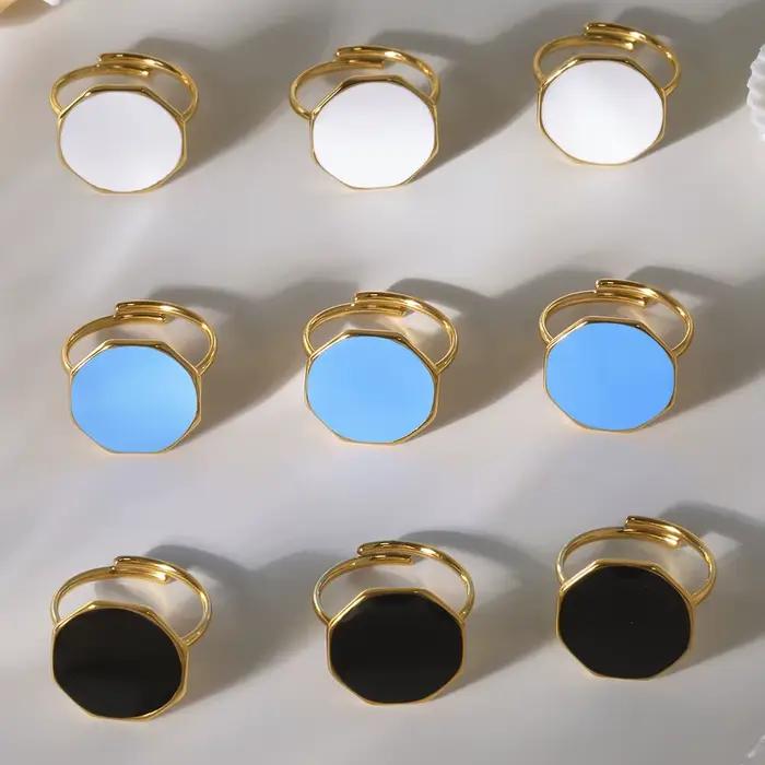 Bague ronde en émail noir blanc et bleu pour femmes, Style gothique, bague en acier inoxydable plaqué or 18 carats, bijoux à la mode