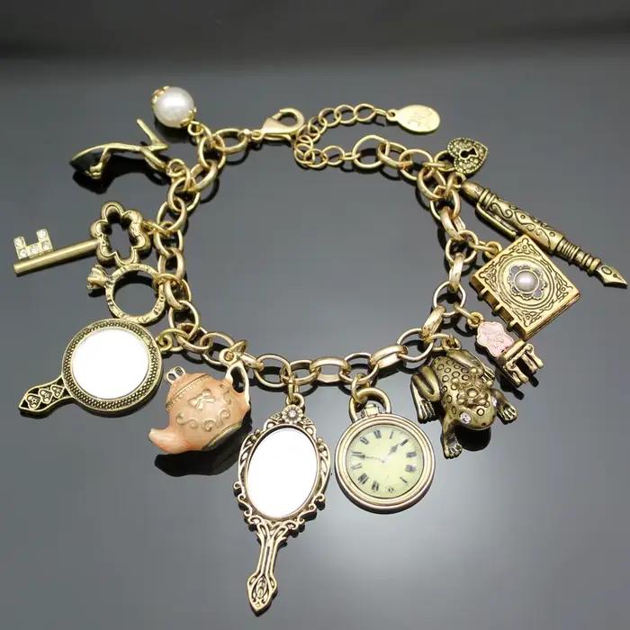 Vintage pays des merveilles miroir breloques perles lien chaîne cristal bracelet bracelets pour femme Pulseira Masculina bijoux accessoires cadeau