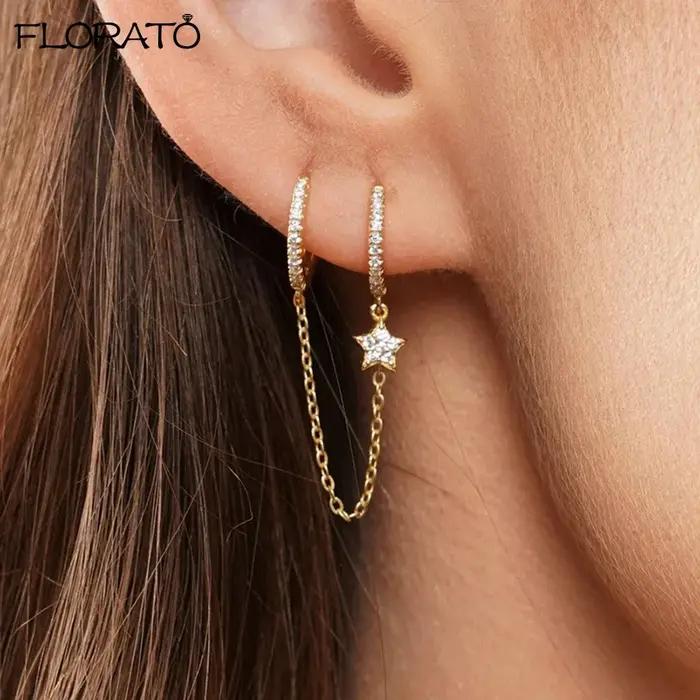 1 pièces Double cerceau boucle d'oreille avec chaîne 925 en argent Sterling oreille aiguille cristal Huggie boucles