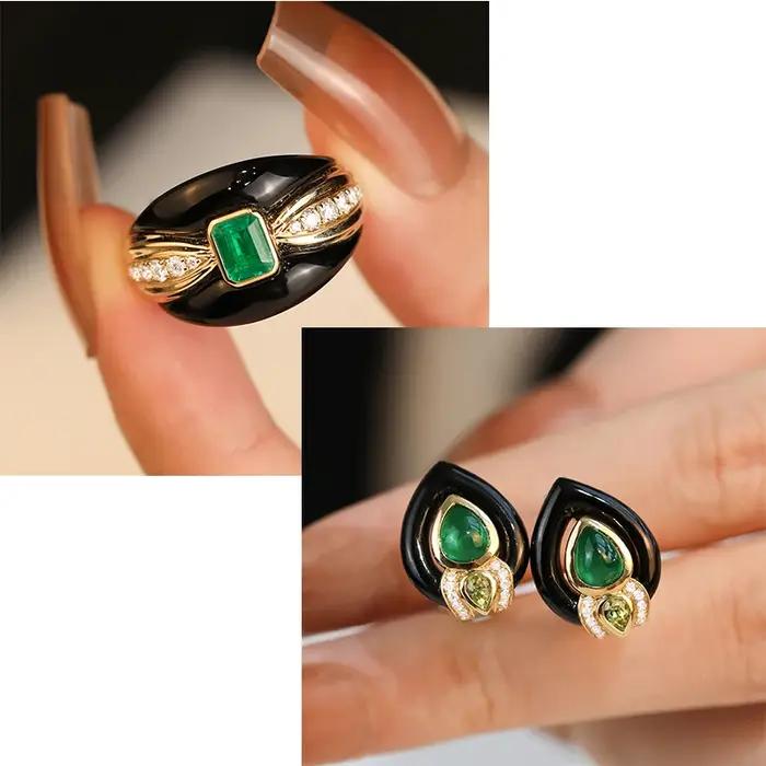 Boucles d'oreilles et bague en zircone cubique avec motif goutte d'eau pour femmes occasions spéciales style rétro vintage