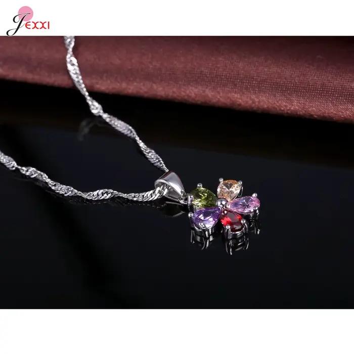 Ensemble de bijoux en argent sterling 925 motif floral coloré pendentif fleur multi-pierres collier boucles d'oreilles huggie bague ouverte ajustable