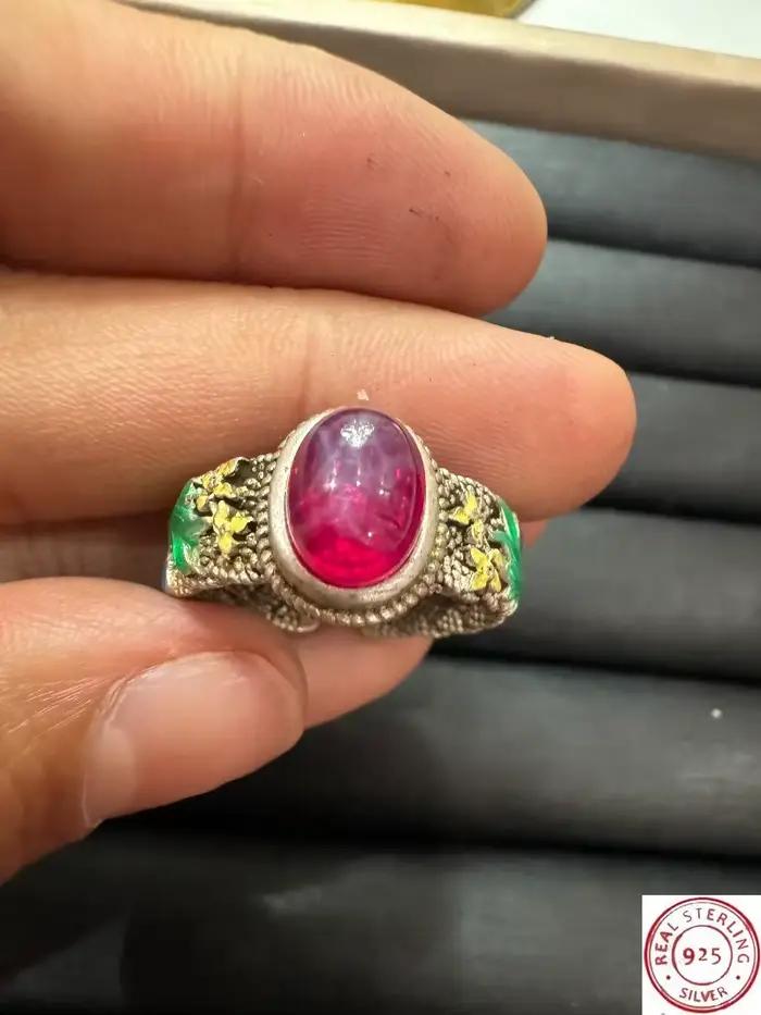 Bague tibétaine en argent cloisonné, incrustée de rubis étoilés, style ethnique rétro, bande ouverte réglable, bijou de doigt vintage unisexe