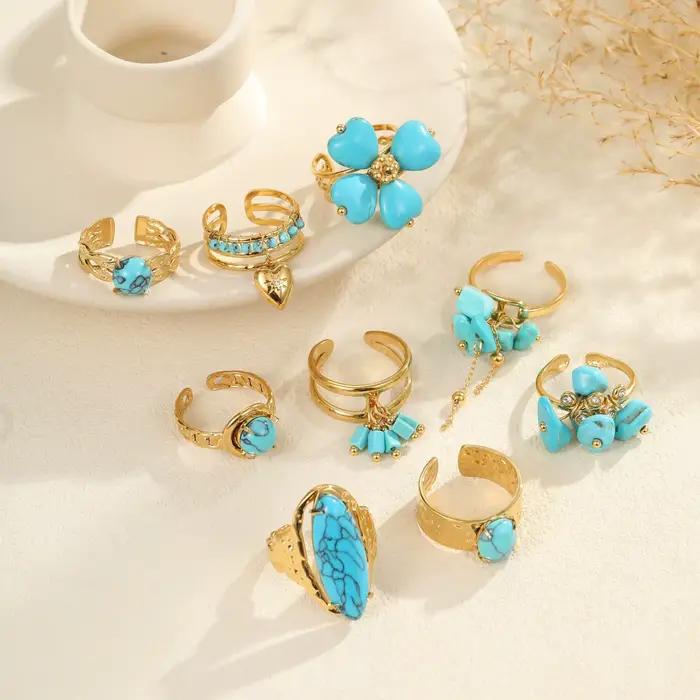 Bagues vintage bohèmes en verre turquoise pour femme, style vacances, bijoux quotidiens, décoration de fête, cadeaux