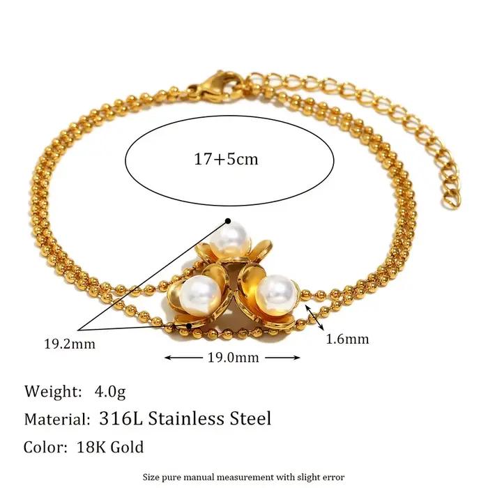 E.B.belle nouvelle chaîne de perles trois fleurs Bracelet de perles plaqué or 18 carats en acier ino