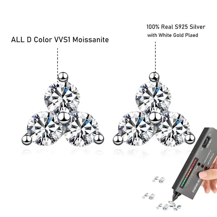 Tezzc-Boucles d'Oreilles Moissanite en Argent Sterling 925 pour Femme, Bijoux avec Certificat, Diamant de Laboratoire, 3 Pierres, 3mm