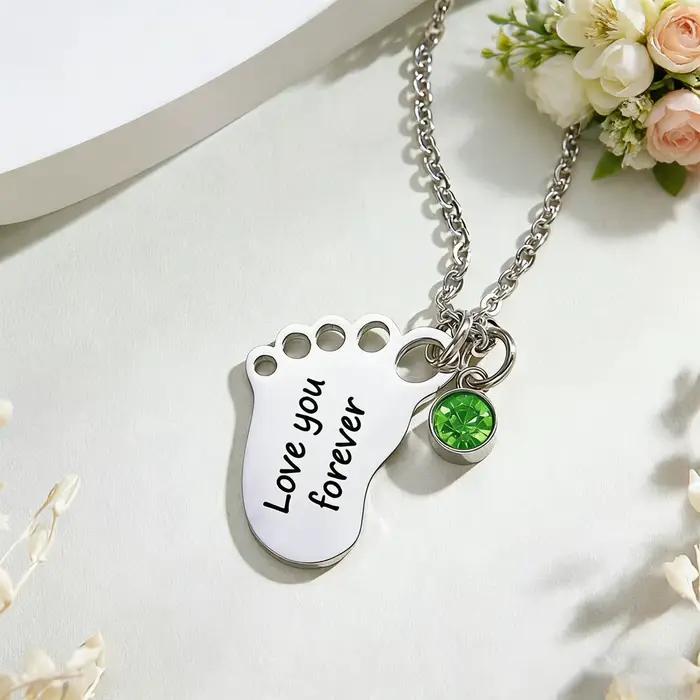 Collier personnalisé avec empreinte de pied de bébé et pierre de naissance pour enfants et femmes, gravure personnalisée des informations de naissance du bébé, cadeau d'anniversaire
