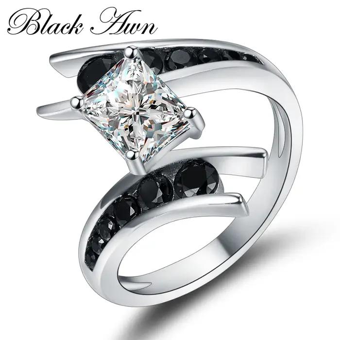 Beaux bijoux 100% véritable 925 en argent Sterling rangée de pierres noires bagues de fiançailles