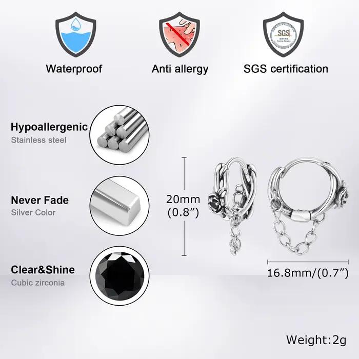 Boucles d'oreilles roses gothiques pour hommes et garçons, boucles d'oreilles créoles en forme de fleur avec pompon en pierre CZ noire, cadeau de bijoux punk