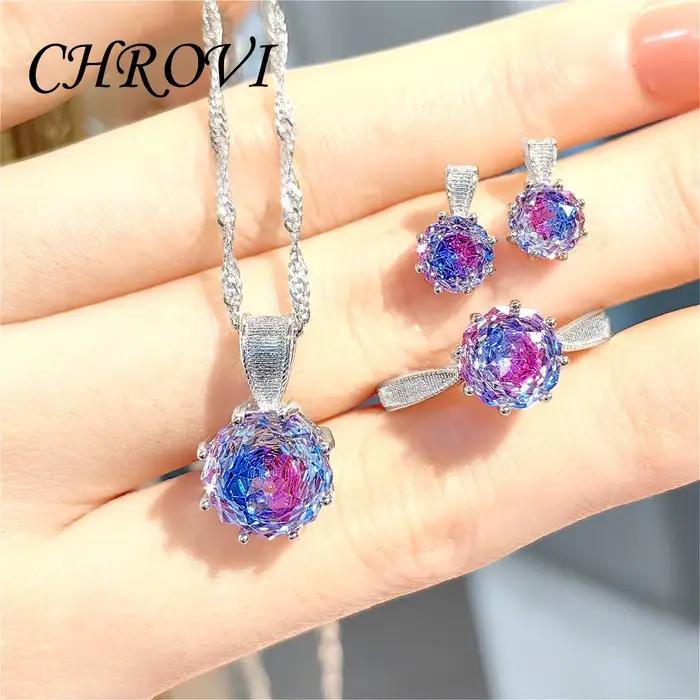 Collier pendentif en argent sterling 925 de luxe léger, design rose avec diamants colorés, boucles d'oreilles et bague assorties en pierres précieuses