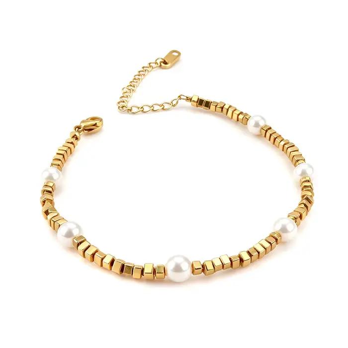 AENINE – Bracelet élégant en perles d'imitation faites à la main pour femmes, couleur or rétro, chaî