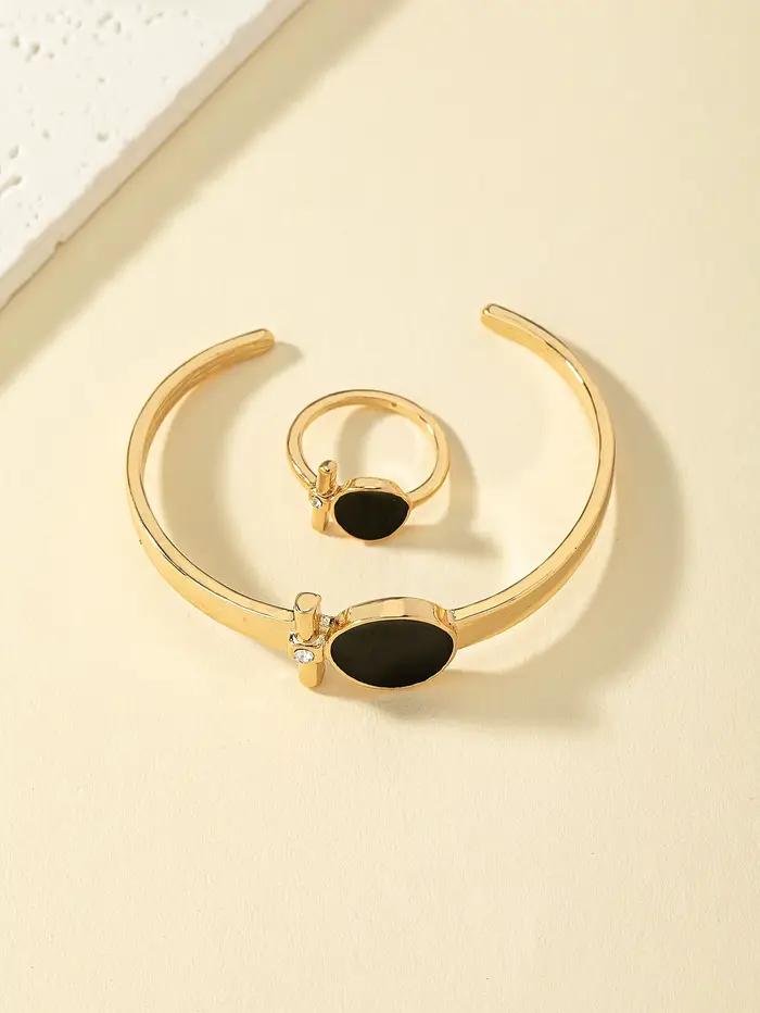 Bracelet et bague en alliage de zinc plaqué or avec motif géométrique élégant pour femme occasions spéciales