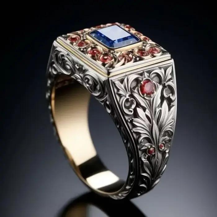 Nouvelle bague en alliage écologique - Design rétro luxueux bicolore électro-plaqué, diamant coloré, accessoire de mode pour femmes