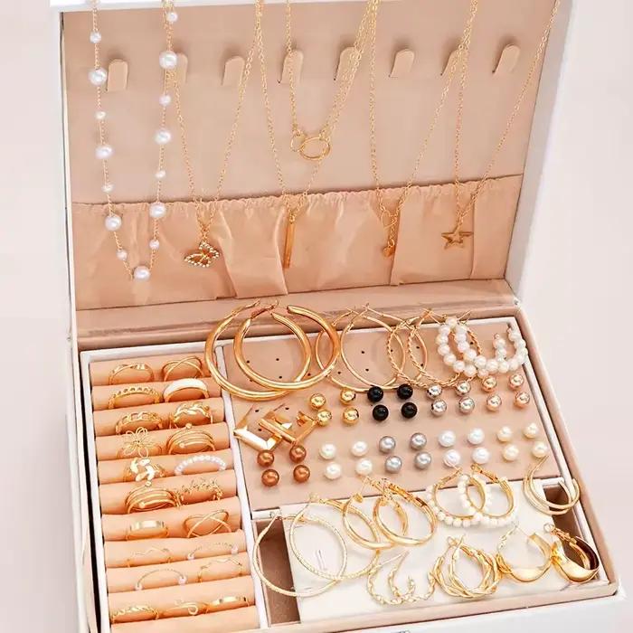Ensemble de bijoux couleur or pour femmes, bohèmes, collier/boucles d'oreilles/bague/bracelet, empilable, pour les fêtes et le quotidien