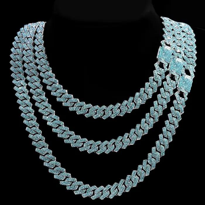 Collier chaîne cubaine pour hommes et femmes, chaîne à maillons sertie de strass bleus, bijoux hip-hop bling-bling