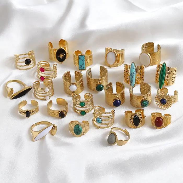 Bagues rétro imperméables en acier inoxydable pour femmes, uniques, de haute qualité, style bohémien, pierre naturelle, larges, ouvertes, bijoux, cadeau de fête, 2025