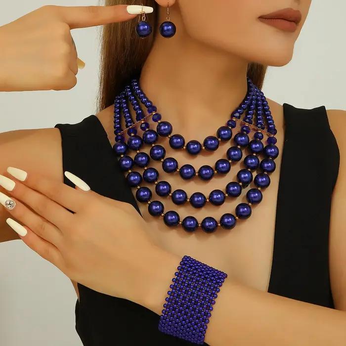 Ensemble de bijoux de mariage pour femmes imitation perles en cristal multicouche fait main collier boucles d'oreilles bracelet occasions spéciales