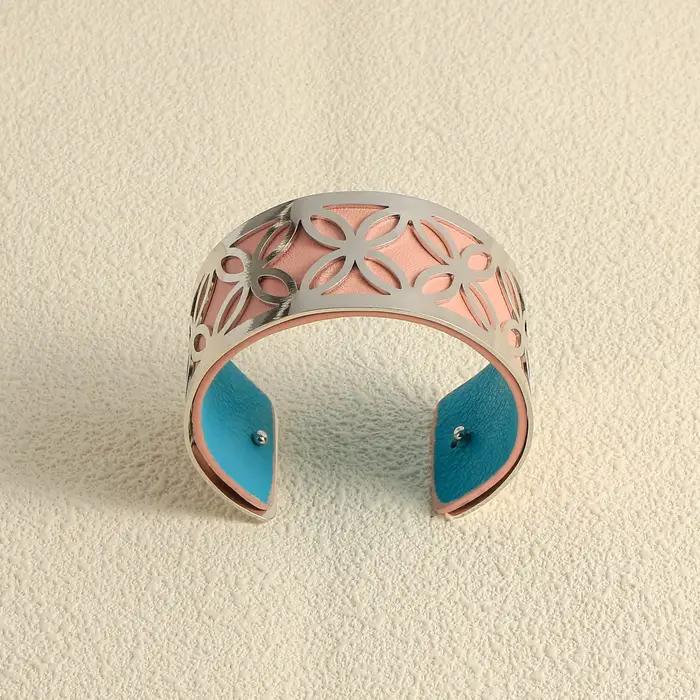 Bracelet de manchette en cuir et cuivre à motif géométrique symétrique double face pour femme