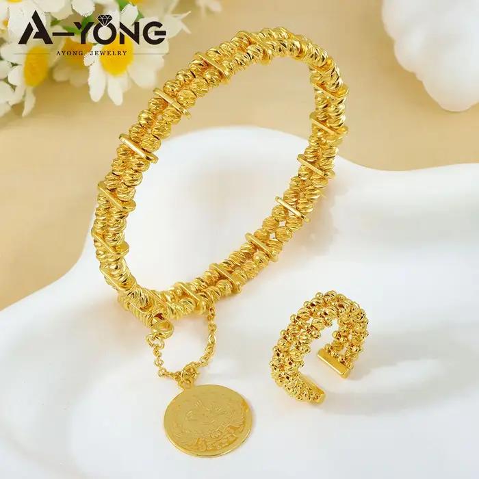 Ensemble de bijoux en or plaqué 24 carats pour femmes, bracelets et bagues en perles rondes, bijoux islamiques vintage pour célébrations et occasions spéciales