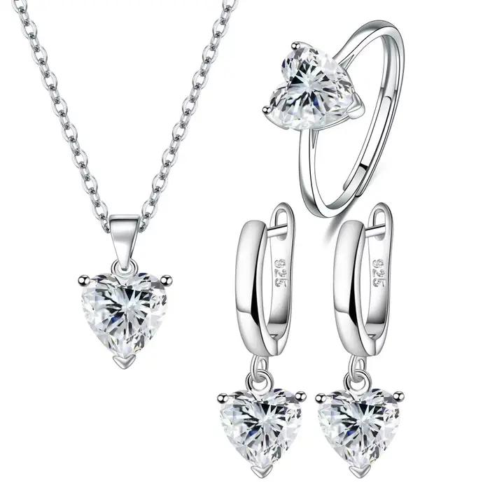 Ensemble de bijoux en argent 925 en Zircon en forme de cœur, bague élégante pour femmes, boucles d'o
