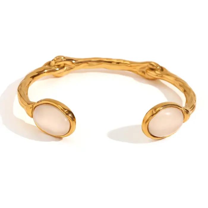 E.B.belle – Bracelet ovale en pierre naturelle, ouvert, irrégulier, en cristal d'agate verte, plaqué or 18 carats, en acier inoxydable, pour femmes