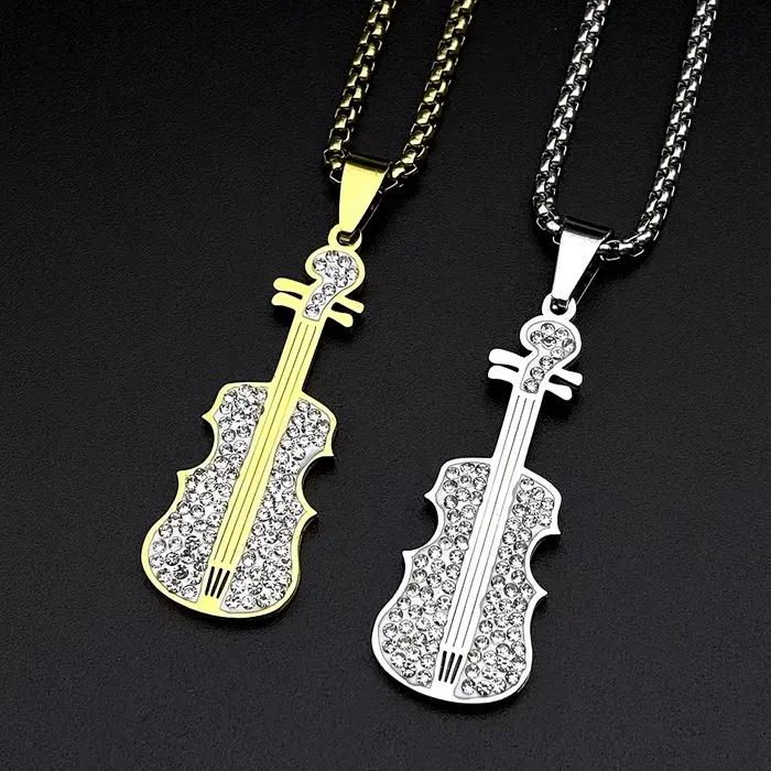 Collier Pendentif Violon Entièrement Orné de Strass pour Femme et Homme, en Acier Inoxydable Doré, Bijou Tendance pour Amateurs de Musique Classique, Cadeau