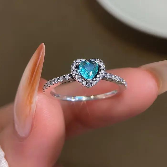 Bague en forme de cœur d'amour brillant en zirconium pour femmes, alliances romantiques en argent sterling 925 pour engagements et mariages